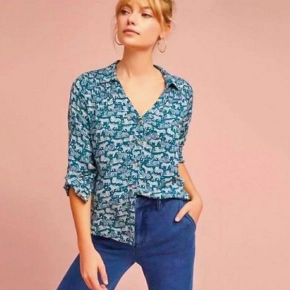 Maeve Teal and White Patterned Button Down Shirt